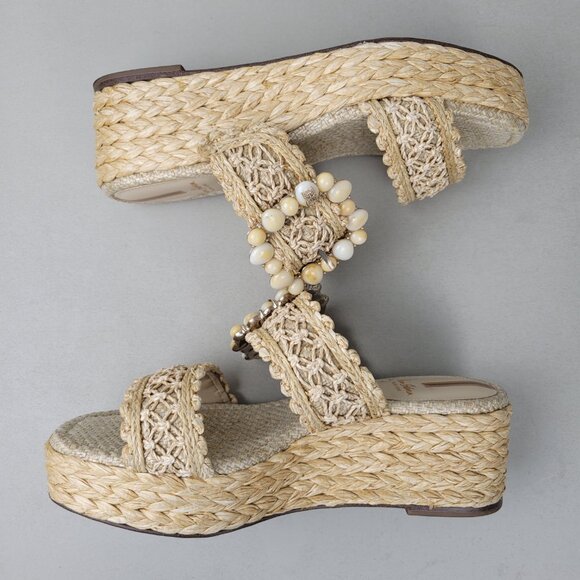 Sam Edelman Size 8M Cadance Sandals Natural Raffia Open Toe Embellished Wedge - Picture 2 of 12